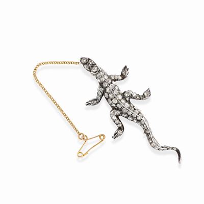 Spilla lucertola in oro giallo e argento, inizio XX secolo