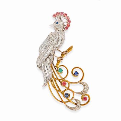 Spilla pavone, in oro bicolore 18K con gemme