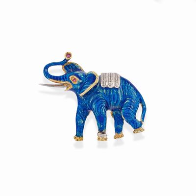 Spilla a forma di elefante, oro bicolore 18k