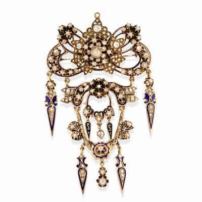 Spilla pendente con diamanti, oro bassa caratura, XIX secolo