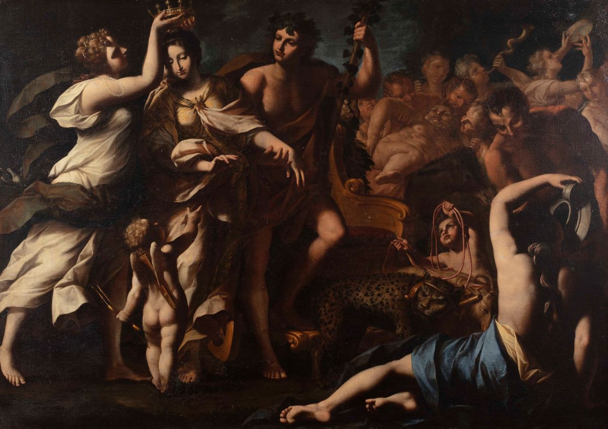Scuola Bolognese, Secolo XVII - Autore sconosciuto, Bacco e Arianna, olio su tela