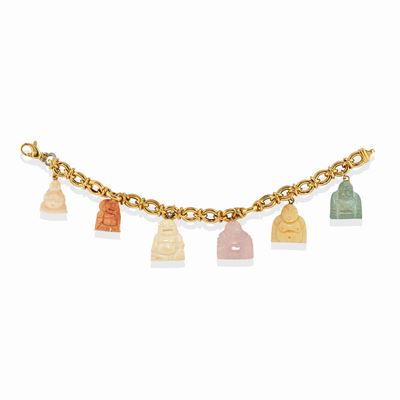 Bracciale charms in oro giallo 18k con pendenti in pietra dura raffiguranti Buddha