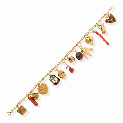 Bracciale charms in oro giallo 18k con pendenti in smalto policromo e pietre dure
