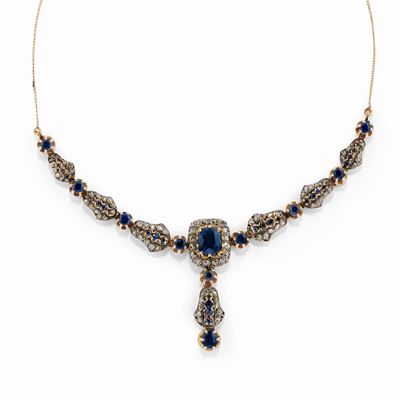 Collana in oro giallo 12k e argento con zaffiri australiani e diamanti