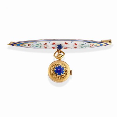 Spilla orologio in oro giallo 18k con zaffiro e movimento a carica manuale