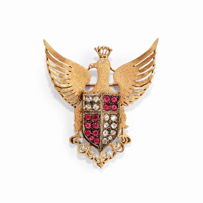 Spilla pendente in oro rosso 14k e argento con diamanti e rubini