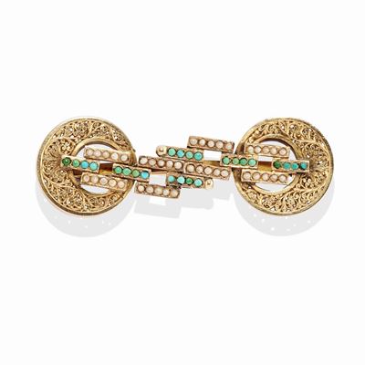 Spilla con turchesi e perle, oro rosso 18k