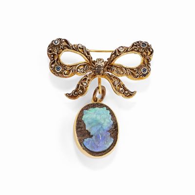 Spilla con cammeo in opale, oro giallo 18k e argento
