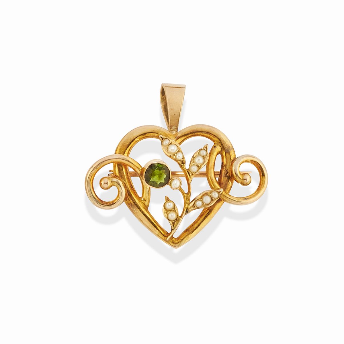 Due spille in oro giallo 18k e 9k con diamanti e perle, e una coppia di orecchini