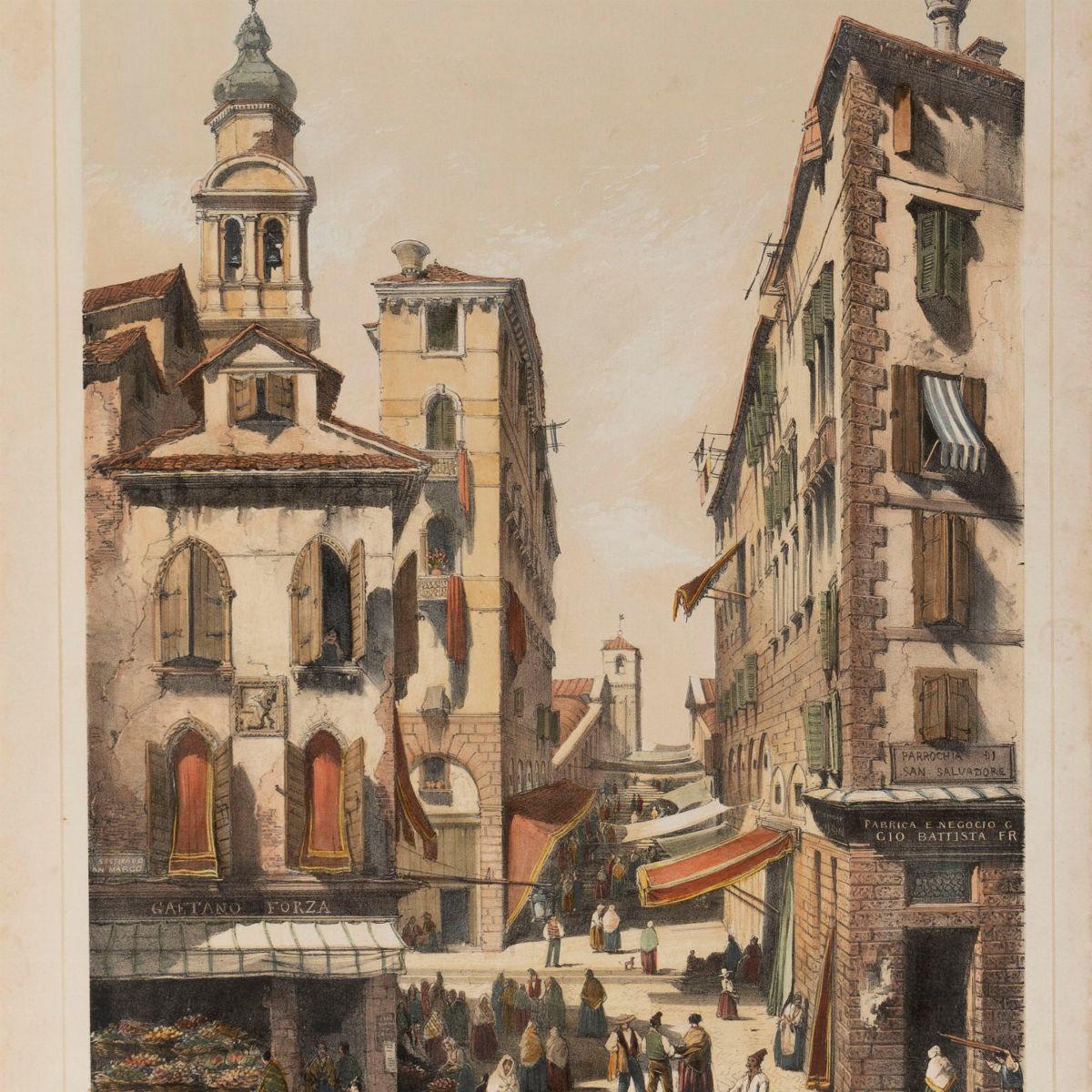 Joseph Nash - Convento di San Michele e Isola di Murano - Il Campo San Salvador e la Merceria, cr...