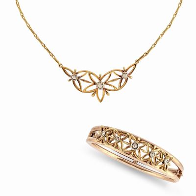 Demi parure in oro giallo e argento, con diamanti taglio rosa