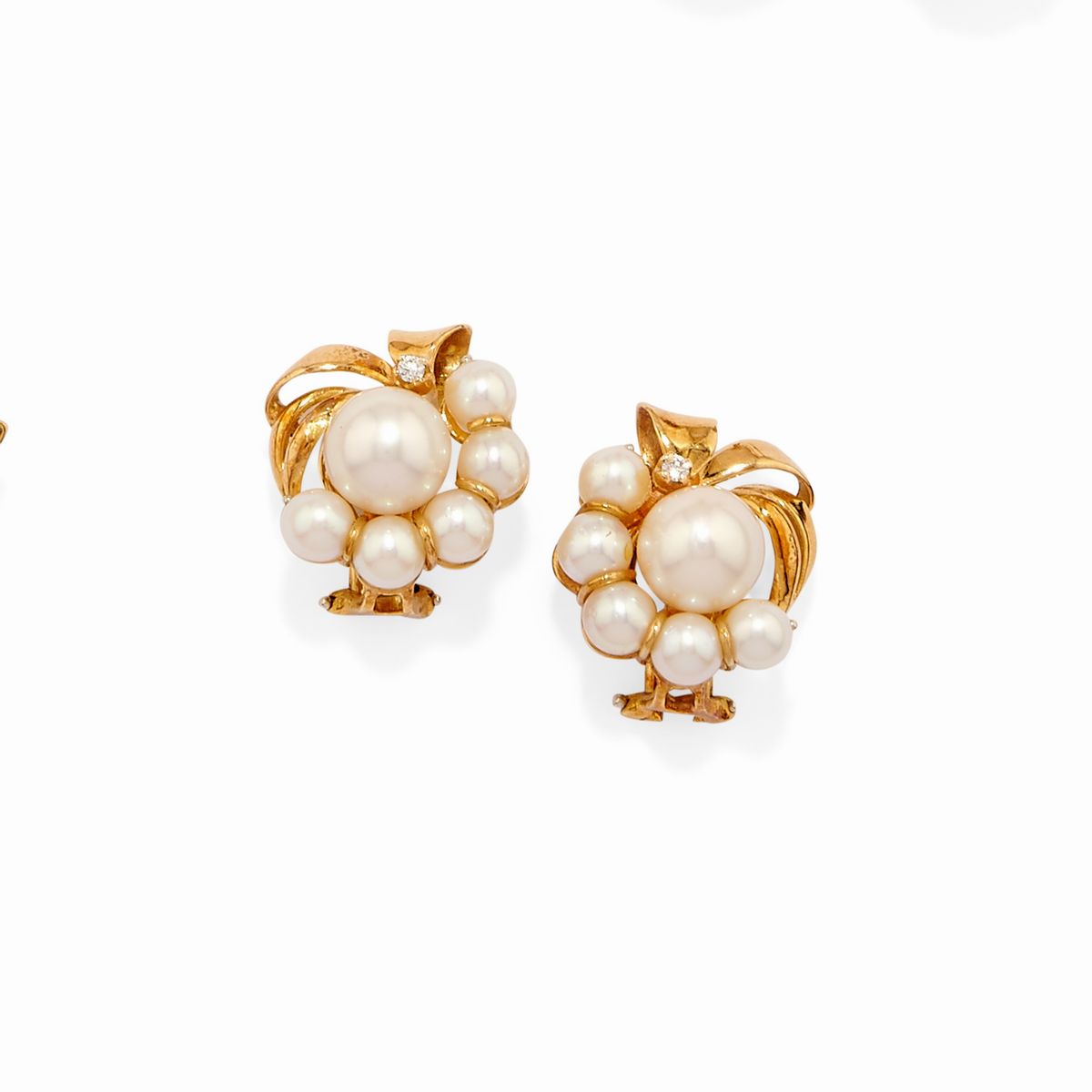 Orecchini in oro giallo 18k, quattro coppie con perle, topazio e diamanti
