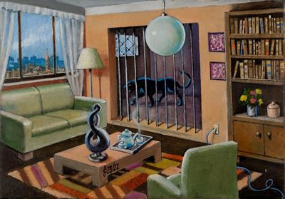 Interno con pantera, olio su tela