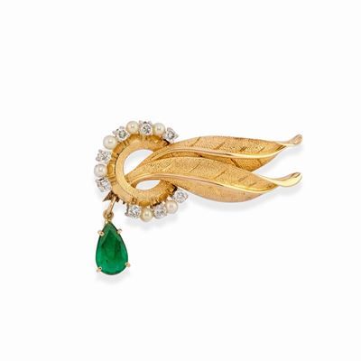 Spilla in oro bicolore 18K con smeraldo taglio goccia