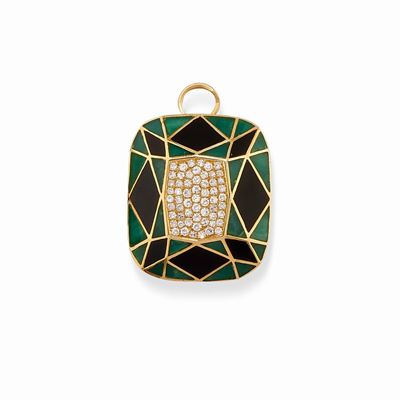 Pendente-spilla in oro giallo 18k con onice, pietra verde e diamanti taglio huit-huit