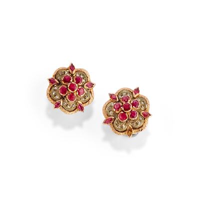 Orecchini in oro rosa 14k e argento con rubini e diamanti