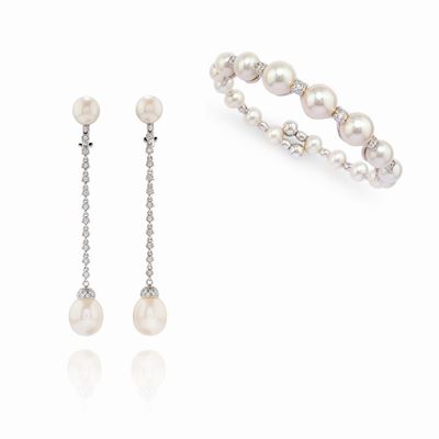 Demi parure in oro bianco 18k con perle coltivate e diamanti
