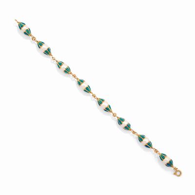 Bracciale in oro giallo 18k con smalto verde e perle coltivate