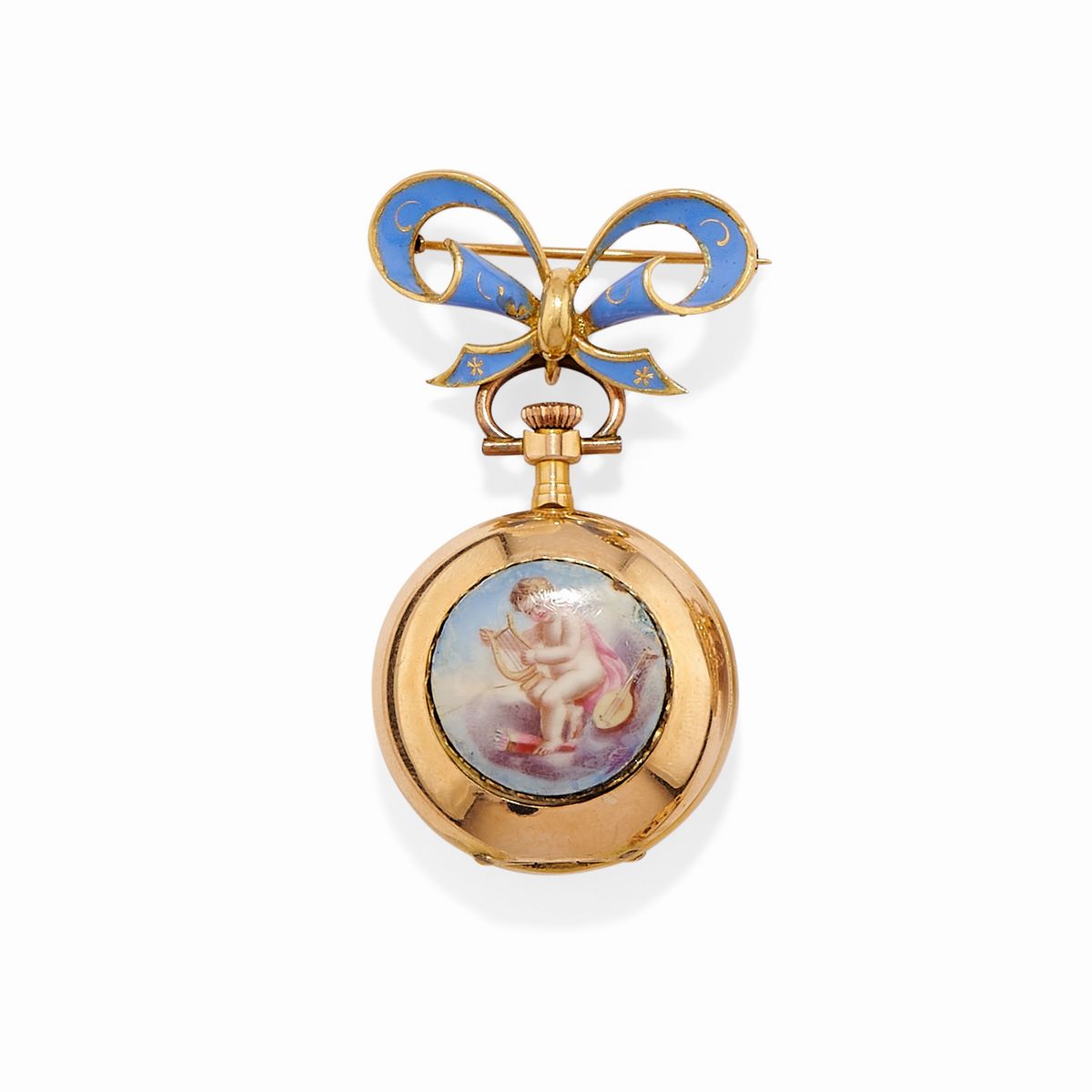 Spilla e orologio, oro giallo 18k con cammeo in alto rilievo e decorazioni in smalto
