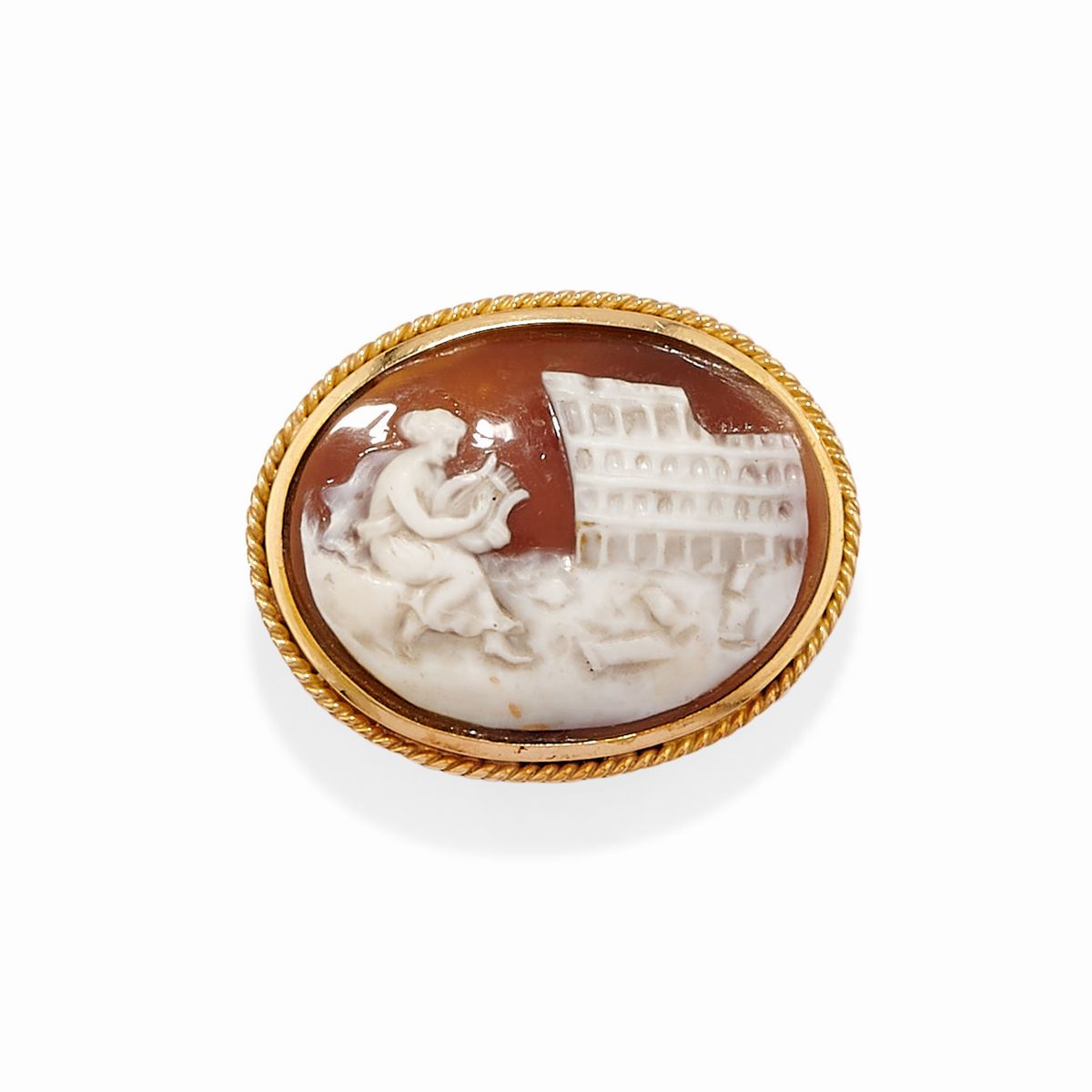 Spilla e orologio, oro giallo 18k con cammeo in alto rilievo e decorazioni in smalto