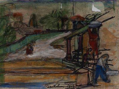 Lotto di due disegni: 'Scena campestre' (1924) e 'Paesaggio con albero e casa' (1958)