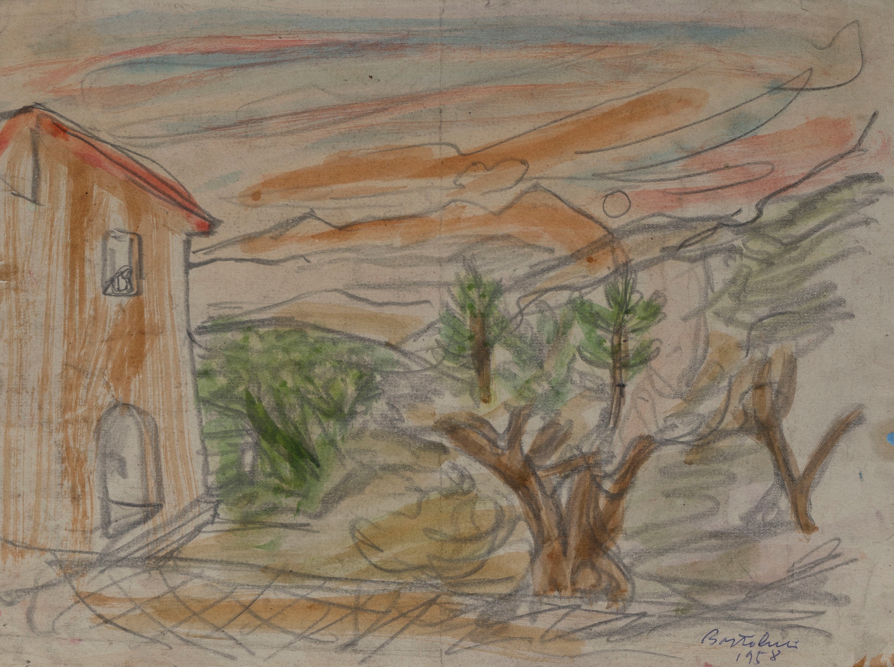 Luigi Bartolini - Lotto di due disegni: 'Scena campestre' (1924) e 'Paesaggio con albero e casa' ...