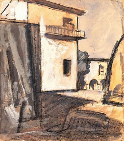 Paesaggio con case, tempera e matita su carta applicata su tela