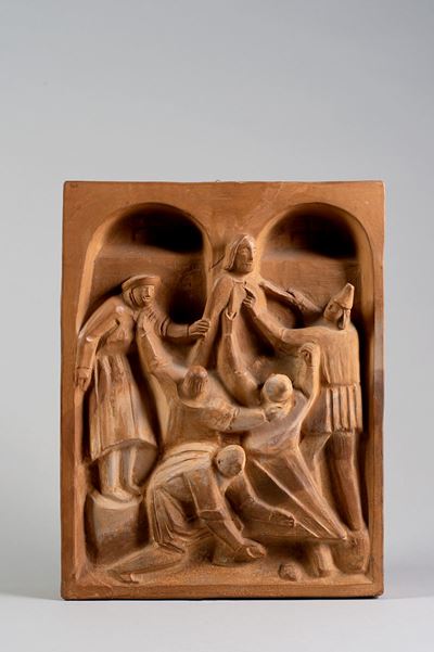 Via Crucis - Stazione I - Gesù schernito, maiolica dipinta a mano