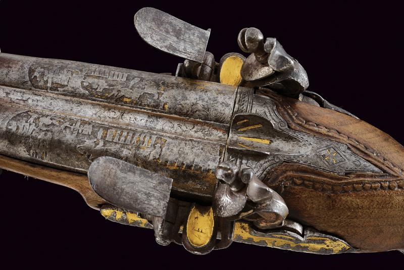 Interessante Pistola a Pietra Focaia a Due Canne da Ufficiale