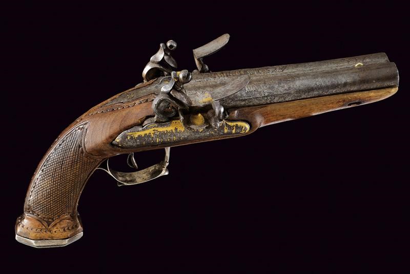 Interessante Pistola a Pietra Focaia a Due Canne da Ufficiale