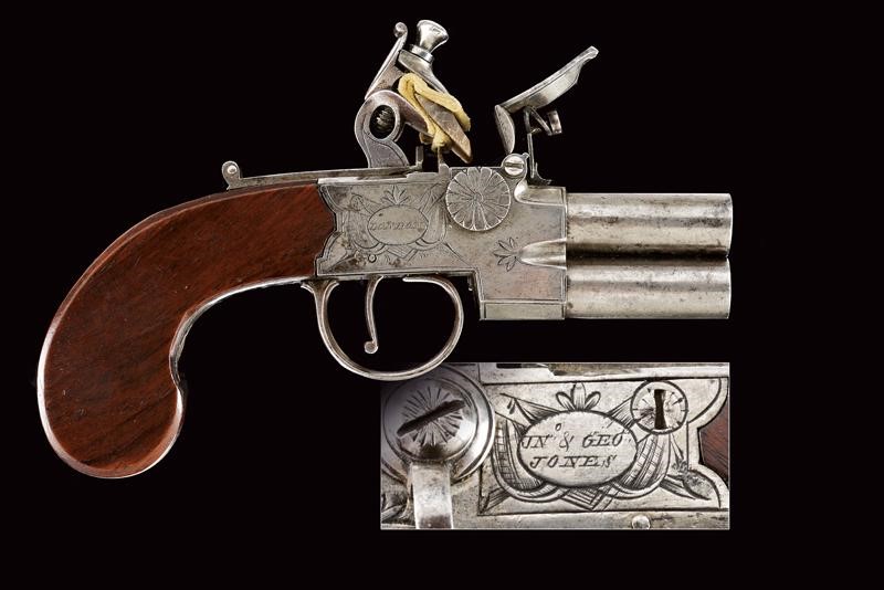 An over and under barreled flintlock pocket pistol by Jones first ...