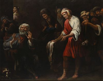 Scuola olandese del XVII secolo, I fratelli di Giuseppe mostrano al padre la tunica insanguinata,...