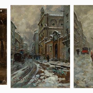 Tre vedute di Milano sotto la neve e Scena di interno