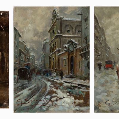 Tre Vedute di Milano Sotto la Neve e Scena di Interno