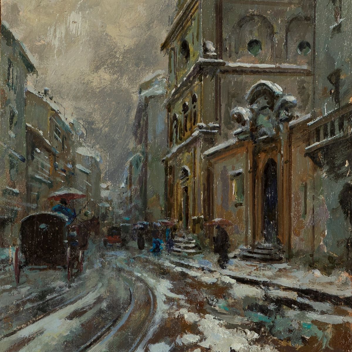 Giuseppe Solenghi - Tre Vedute di Milano Sotto la Neve e Scena di Interno