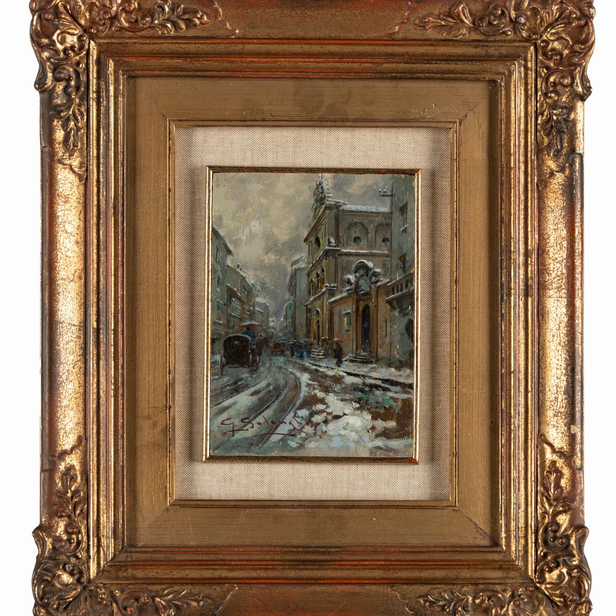 Giuseppe Solenghi - Tre Vedute di Milano Sotto la Neve e Scena di Interno