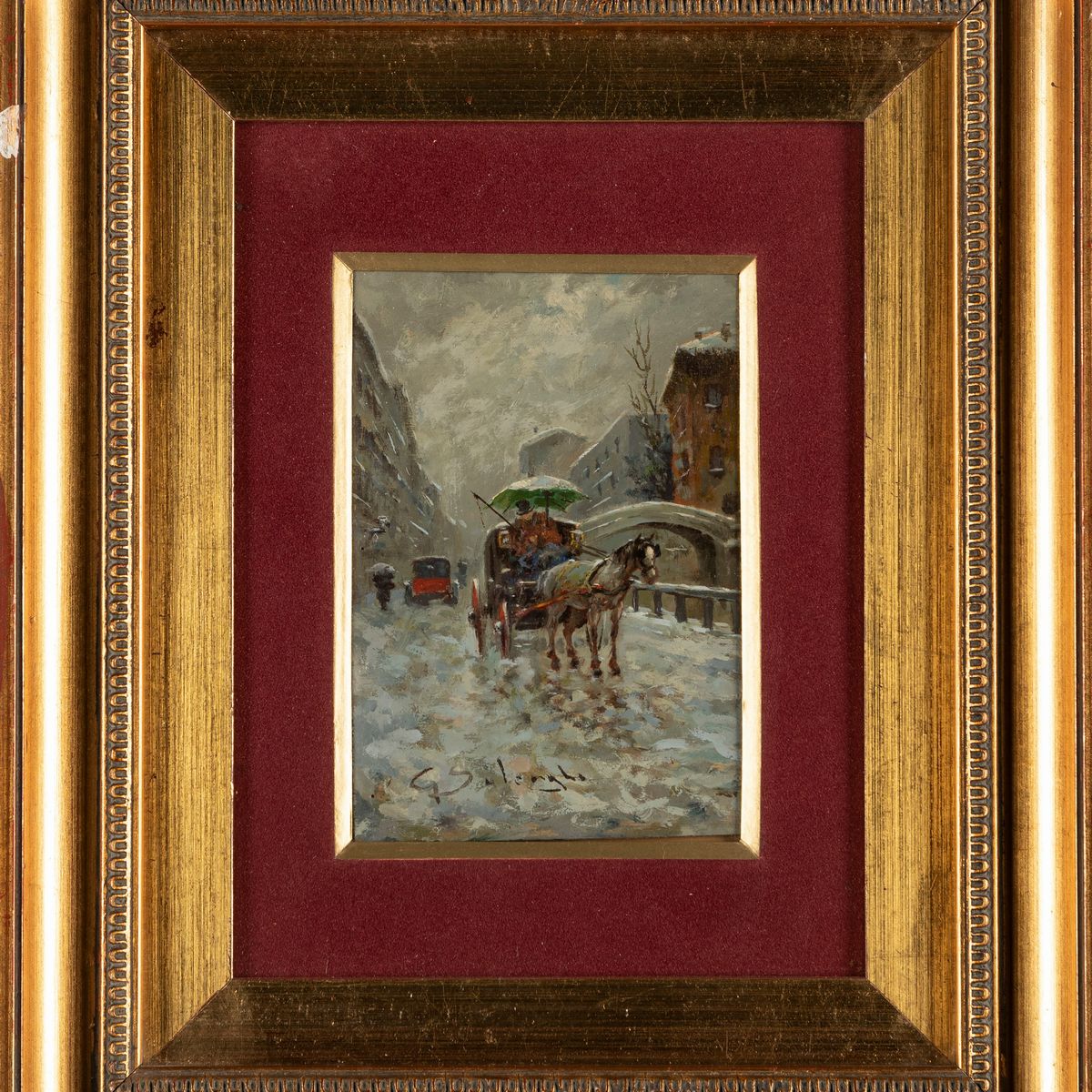 Giuseppe Solenghi - Tre Vedute di Milano Sotto la Neve e Scena di Interno