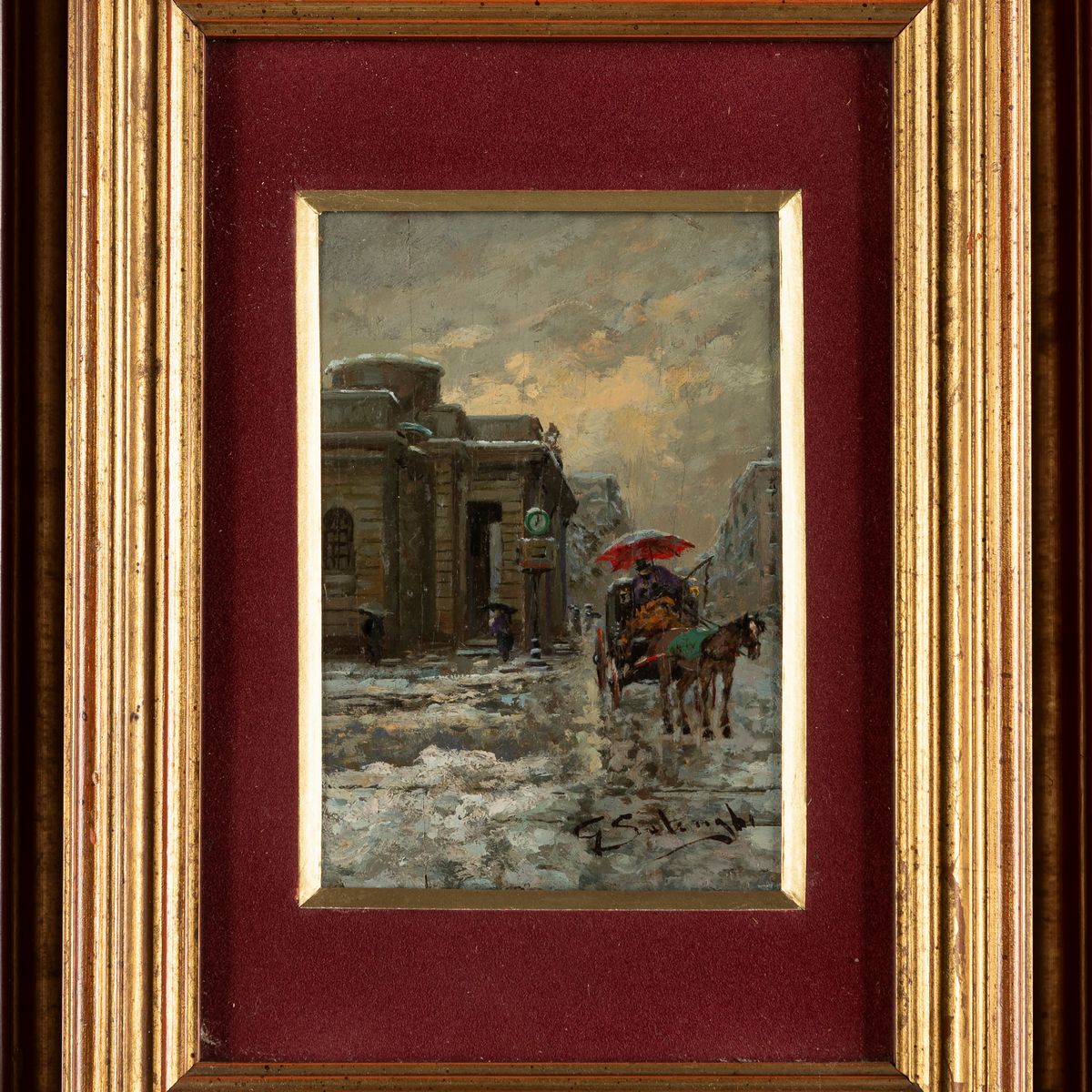 Giuseppe Solenghi - Tre Vedute di Milano Sotto la Neve e Scena di Interno