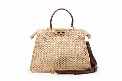 Borsa Peekaboo, rafia intrecciata con dettagli in pelle e metallo dorato
