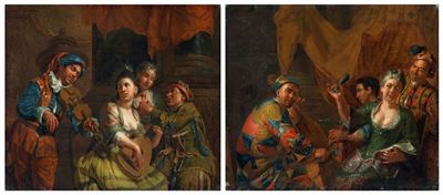 J.[A]. Watteau, Concertino in un interno e Arlecchino suonatore, olio su tela