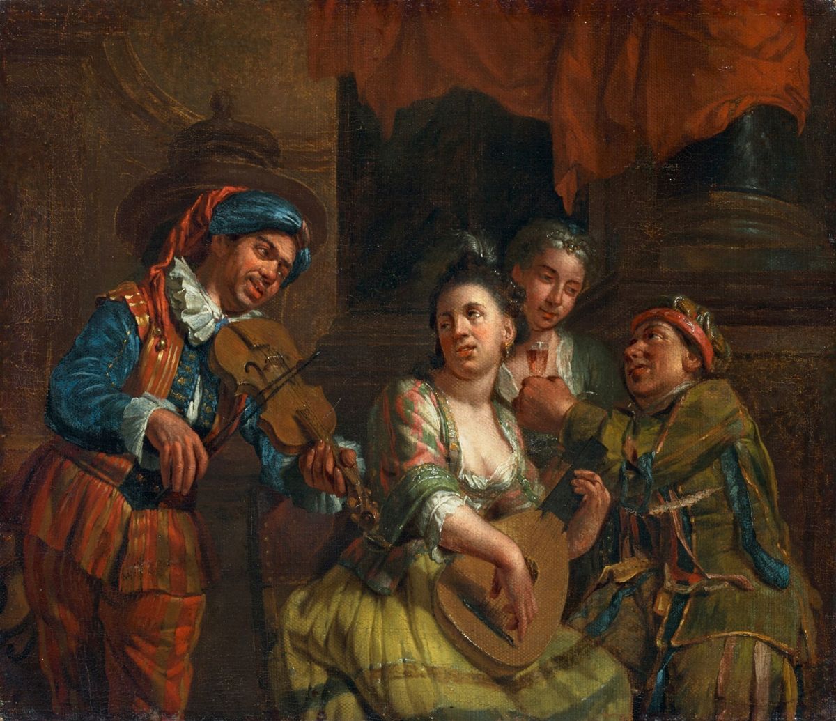Scuola Dell'italia Meridionale, Secolo XVIII - J.[A]. Watteau, Concertino in un interno e Arlecch...