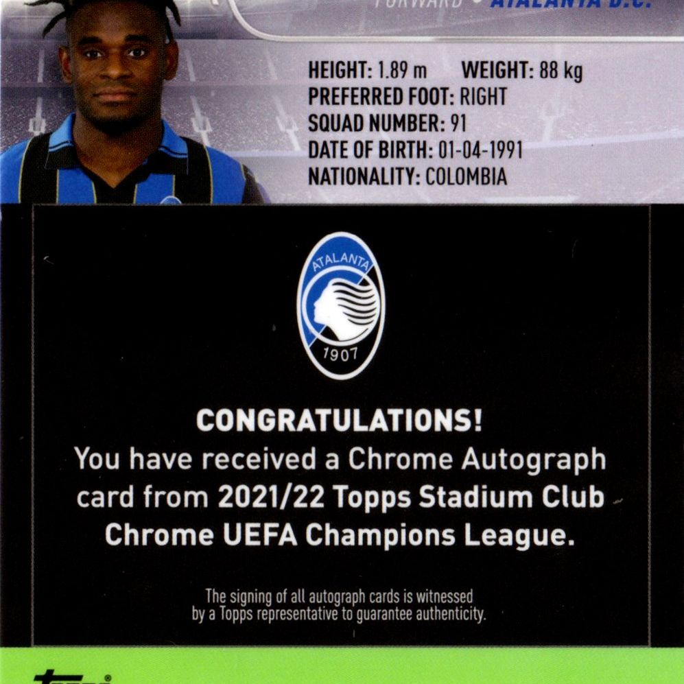 Duvan Zapata - Card autografata Topps Stadium Club Chrome UEFA Refractor