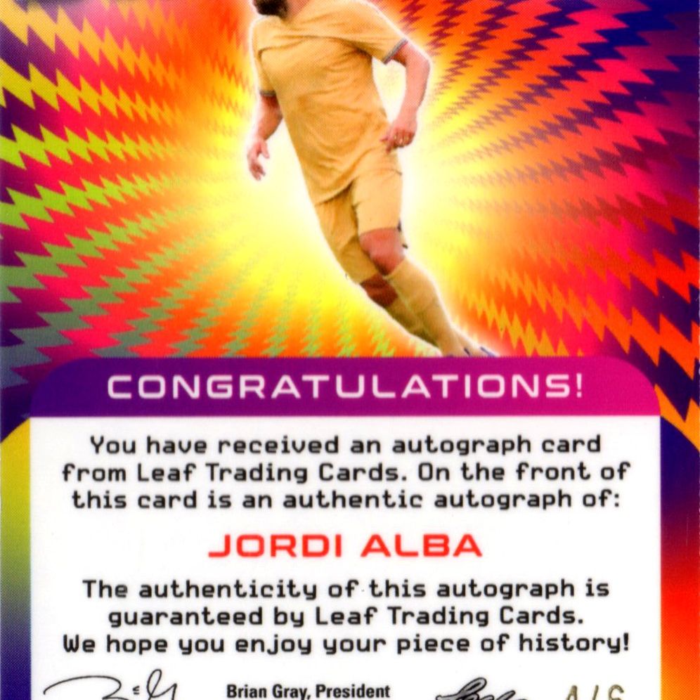 Jordi Alba - Card autografata Leaf Vivid Soccer Striking Red Barcelona 4/6