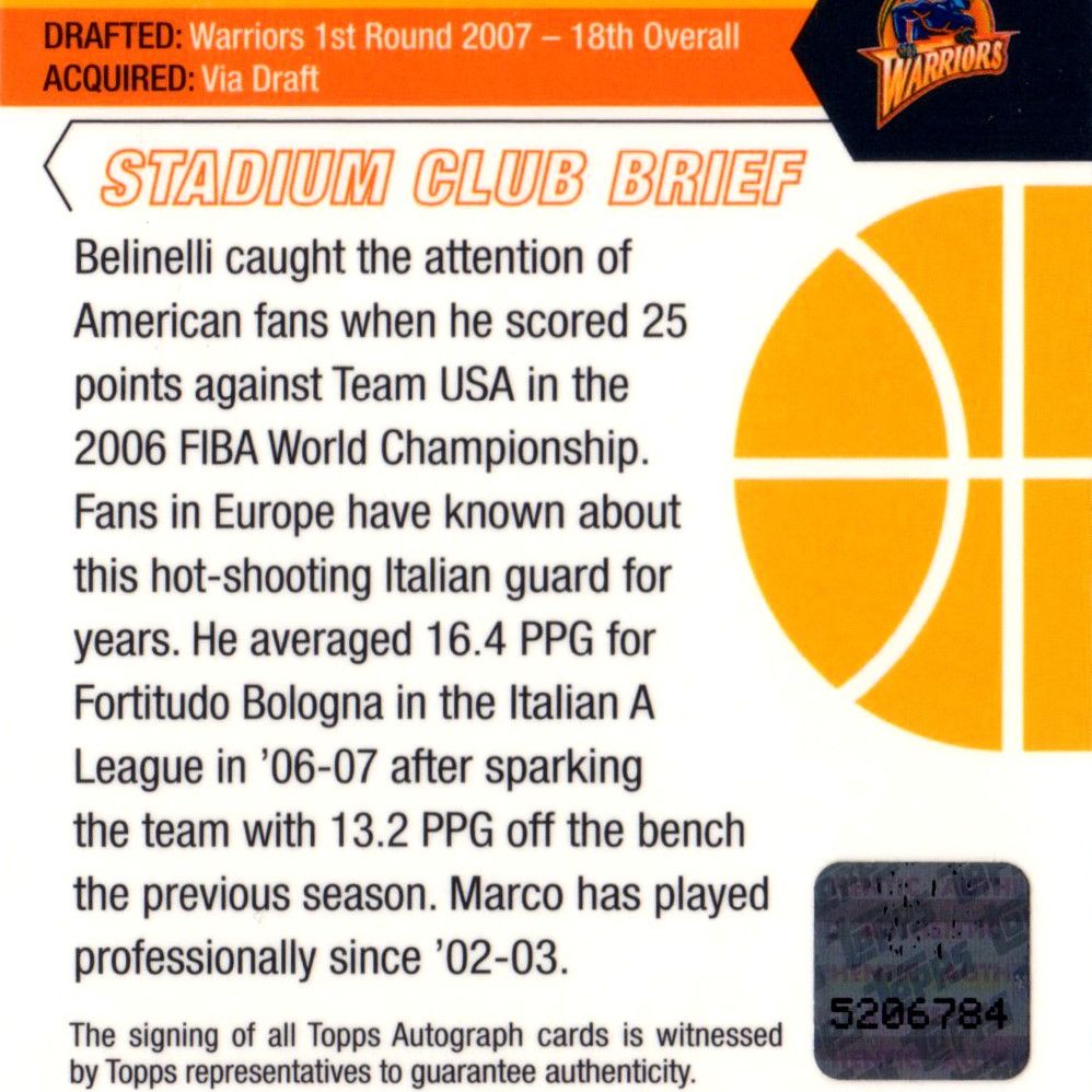 Marco Belinelli - Card autografata Topps Stadium Club Chrome Rookie X-Fractors