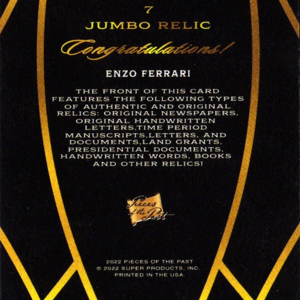 Enzo Ferrari - Card Relic certificata da Pieces of the Past (2022)