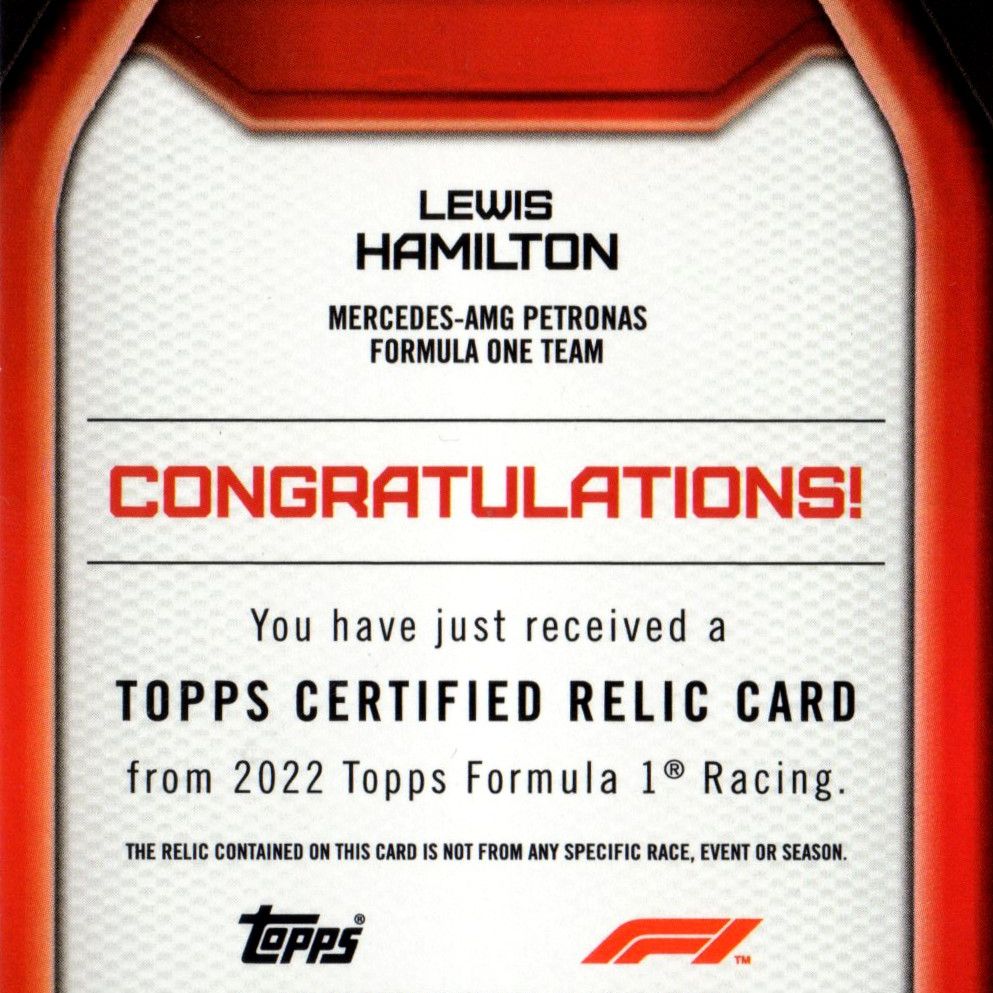 Lewis Hamilton - Relic Card 2022 di Formula 1 con frammento di tuta