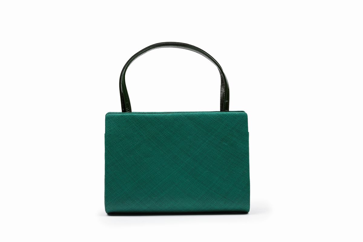 Gucci - Borsa anni '60 in rafia e pelle verde smeraldo con manici in vernice