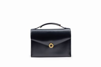 Borsa in pelle blu, anni '60, con dettagli in metallo dorato