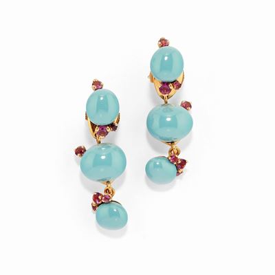 Orecchini pendenti in oro giallo 18k con ametiste e inserti in ceramica turchese