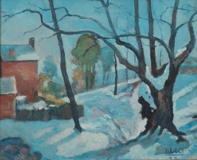 Paesaggio invernale francese, olio su tavola